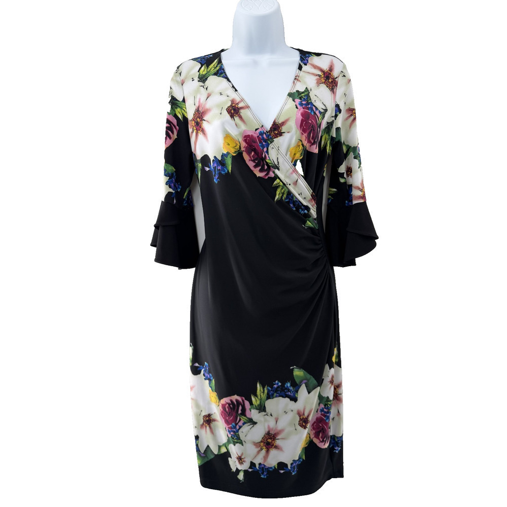 Joseph Ribkoff Women's Floral Faux Wrap Knit Dress Flutter Sleeve Size 6